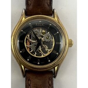 Relic ZR-72100 Ladies Skeleton Watch New Battery 25MM 6.75" Brown Leather Band Q